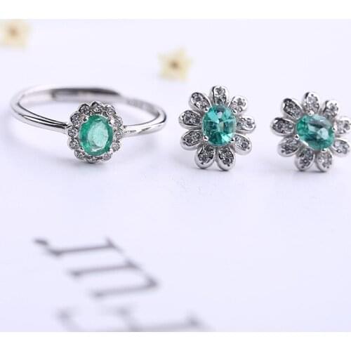 Natural green emerald gem Ring earrings Natural Gemstone Jewelry Set S925 Silver elegant Simple Small square girl party jewelry