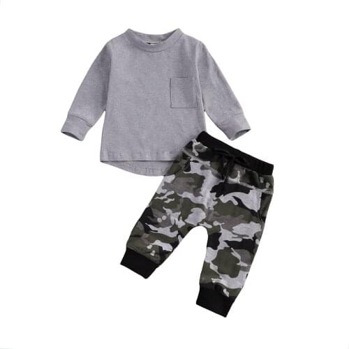 0-24M Newborn Baby Boys 2-piece Outfit Set Long Sleeve Pocket Tops+Camouflage Pants Set for Kids Boys