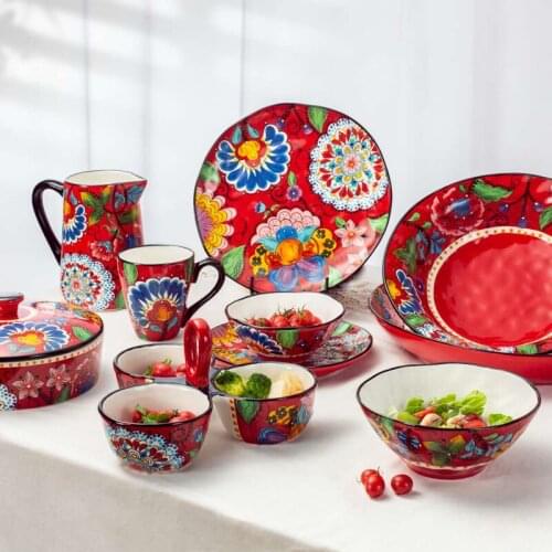 Red hand-painted ceramic tableware set Western plate high-end creative plate wedding plate
