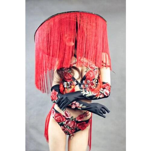 Red big hat flower outfit party club stage show wear Nightclub gogo costume dance costume