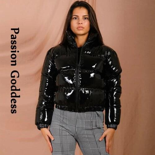 Cool Women Shiny Black PU Leather Parkas Jacket Winter Thick Parkas Down Warm Bubble Coats Bright Leather Cropped Puffer Jackets