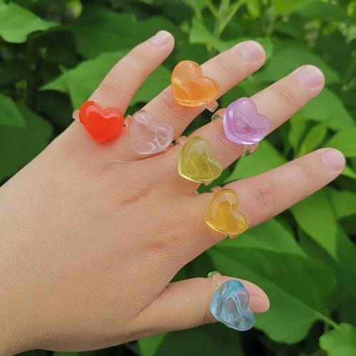 VG 6YM Summer New Candy Color Acrylic Heart-shaped Ring Simple And Versatile Small Fresh Accessories Daily Dating Jewelry