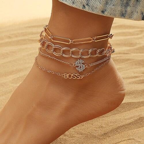 Fashion Multi-Layer Chain Anklet Set Ins Personality Metal Geometric Crown Love Bracelet 4-Piece Female Jewelry Gift