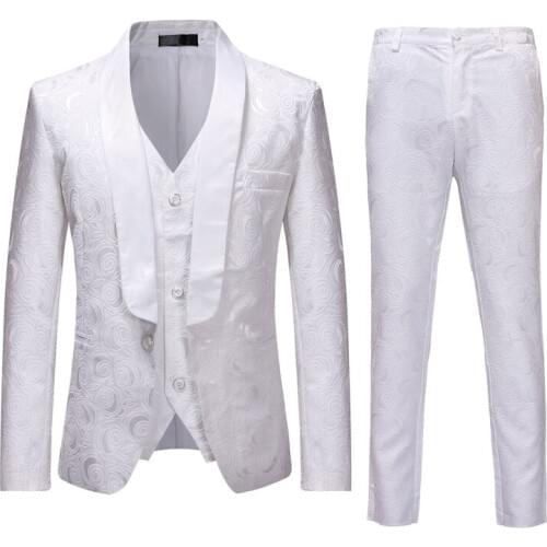 Mens 3 Pieces Suits ( Blazer+Vest+Pants) 2021 Fashion White Rose Jacquard One Button Suit Men Party Business Dress Suit for Men