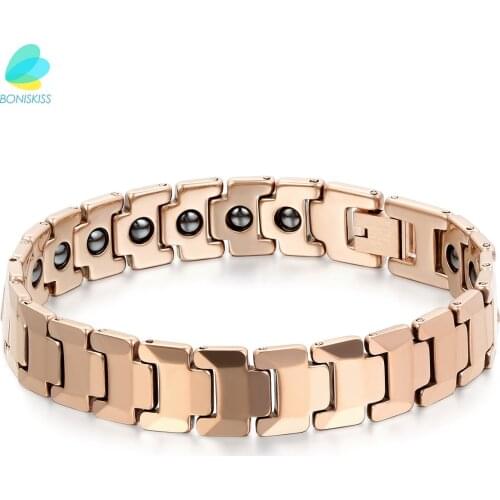 BONISKISS Rose Gold Men Tungsten Bracelets Health Balance Bracelet With Energy Magnetic Stone with Gift Bag