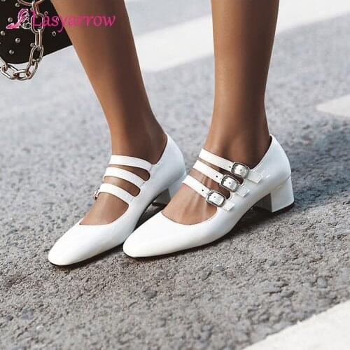 Lasyarrow 2020 New Design Plus Size 34-48 Mary Janes Pumps Woman Shoes Patent Leather Buckle Strap Thick Heels Women Pumps