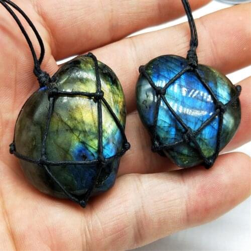 Pendant Necklace Natural Labradorite Clear Crystal Wrap Braid Natural Gemstones Reiki Point Chakra Healing Minerals Men Jewelry
