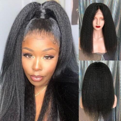 Kinky Straight Human Hair Wigs Pre Plucked Lace Frontal Wigs Brazilian Remy Human Hair Black Colored Lace Front Wig For Women KL