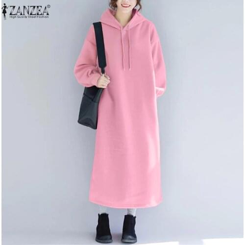 Fashion ZANZEA Winter Hoodies Sweatshirt Dress Women Solid Hooded Sundress Long Sleeve Fleece Warm Vestidos Plus Size Pullover