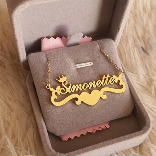 Custom Butterfly Name Necklace With Heart Ribbon Stainless Steel Crown Nameplate Pendant Necklace Women Best Gifts Jewelry