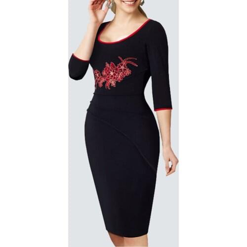 Retro Classic Floral Appliques Embroidery Sexy O Neck Party Women Pencil Dress 1HB340