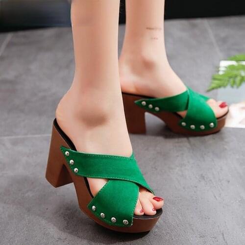Summer Women Sandals Square High Heel Platform Flock Casual Rivet Pumps Peep Toe Female Elegant Ladies Shoes Zapatos De Mujer