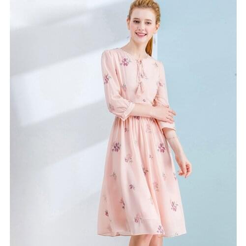 Only Plus Chiffon Flower Embroidery Drawstring Neck Pink Dresses For Women Casual Party Dress Tassel 2020 Spring Female Dress