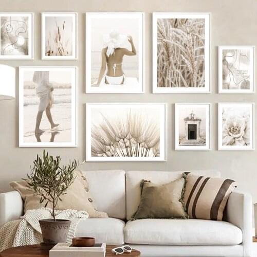 Nordic Poster Beach Walk Girl Dandelion Reed Flower Abstract Line Wall Art Prints Canvas Painting Decor Pictures For Living Room