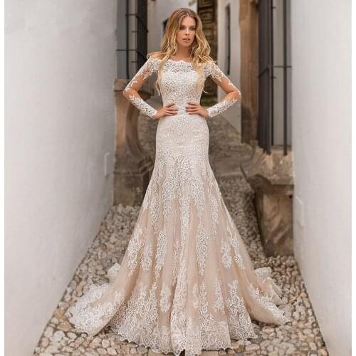 Mermaid Wedding Dress Champagne Detachable Skirt 2 In 1 Boat Neck Off Shoulder Full Sleeve Appliques Bride Gown Vestido De Noiva