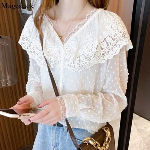 Autumn Long Sleeve V-neck Ruffle Blouse with Lace 2021 Elegant Hollow Flower Stitching Chiffon Shirt new Solid Tops Blusas 16852