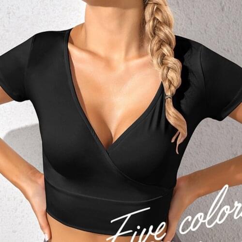 LANTECH Women Gym Shirts Fitness Sexy Seamless Crop Tops Yoga V Neck Sports Short Sleeve Running Workout Sportswear Clothes