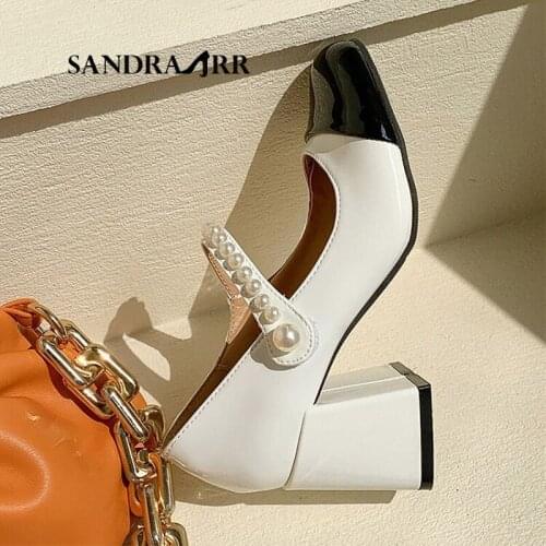 SANDRA JRR Women High Heels Shoes Mary Janes Pumps Square Toe Retro Leather Sandals Black White Patchwork