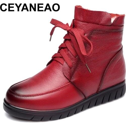 CEYANEAO2021 Women Snow Boots Vintage Genuine Leather Natural Wool Fur Winter Warm Ankle Boots For Women Flat Mother Shoes