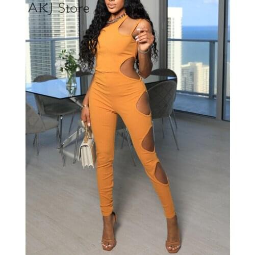 Women Hollow One Shoulder Sleeveless Skinny Jumpsuit