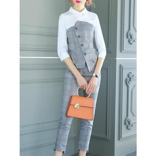 2 Piece Set Women Fashion Plaid Blouse+pants Slim Outfit Slim Suit office clothes