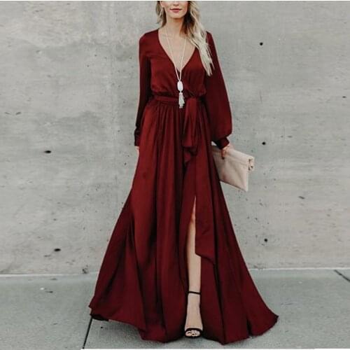 Women sexy long sleeve v neck high waist split wrap maxi dress with sashes Solid asymmetrical swing dress Green fall clothes
