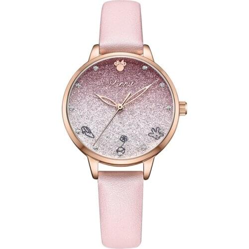 Disney Official Women Casual Quartz Wristwatches Minnie Mouse Cartoon Wishing Bottle Rhinstone Fashion Gradient Girls Gift Clock