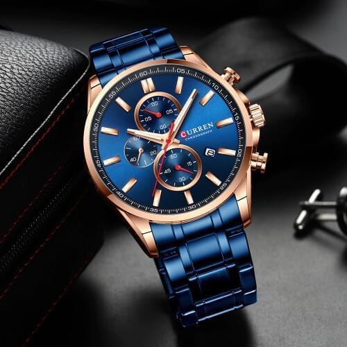 CURREN Men‘s Watch Causal Sport Watches Top Luxury Brand Blue Full Steel Quartz Wristwatch Chronograph Military Male Clock