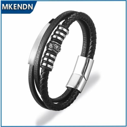 MKENDN Geometrically Irregular Graphics Stainless Steel Genuine Leather Bracelet Men Black/Brown Color Accessories Jewelry