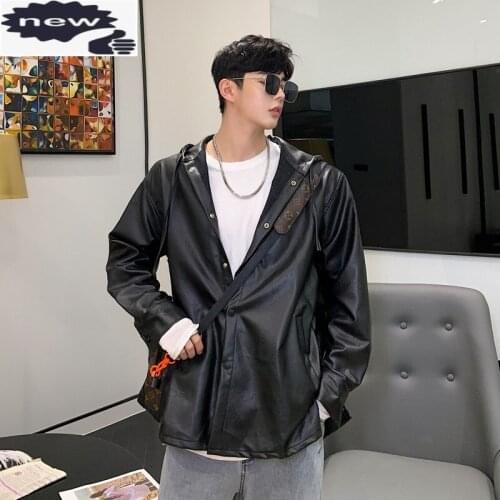 Motorcycle Korean Mens Casual PU Leather Jackets Autumn Long Sleeve Single Breasted Loose Male Fashion Outerwear Hooded Coats