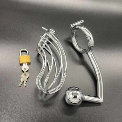 Male Sex Toys Stainless Steel 50mm Chastity Belt Cock Cage with Anal Plug BDSM Bondage Adjustable Penis Ring Metal Penis Cage