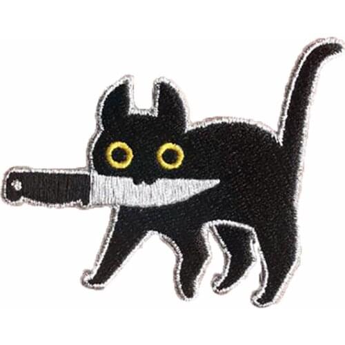 Knife Black Cat Embroidered Patches Animal Iron on for DIY Clothing Appliques Bags T-Shirts Free Shipping Garment Accessoires
