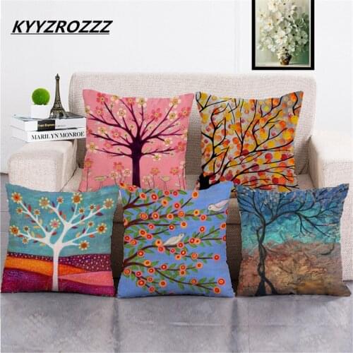 KYYZROZZZ Flower Tree Cushion Cover Watercolor Spring Pillow Covers Linen Cotton 45X45cm Bedroom Sofa Decoration