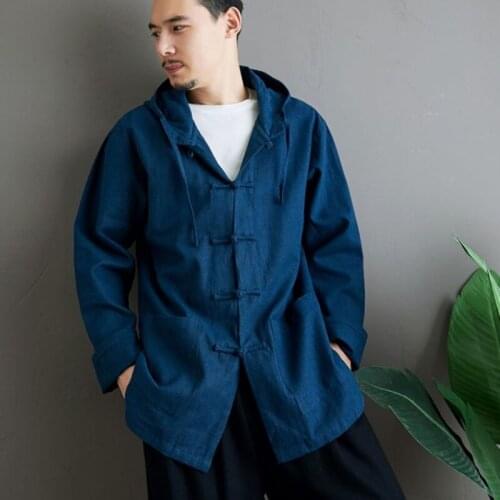 New 2021 Autumn Chinese Style Hooded Linen Jackets Men Casual Hanfu Shirts Washing Plate Buckle Hooded Linen Tang Suit Men 31014