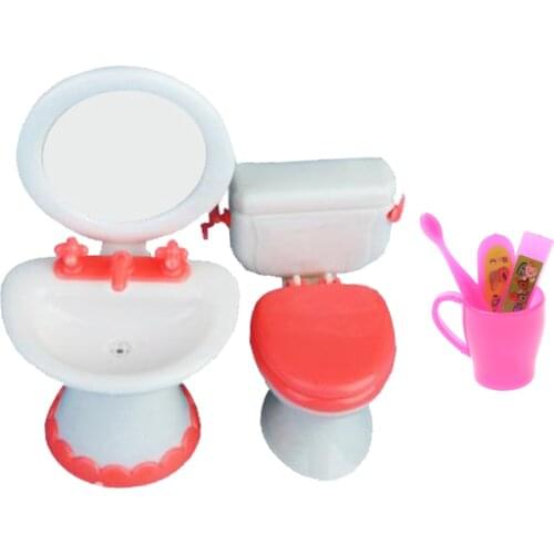 Plastic 1/6 Scale Dollhouse Bathroom Toilet Sink Toothbrush Set Furniture Accessories for Dolls Kids Children Pretend Play Toys