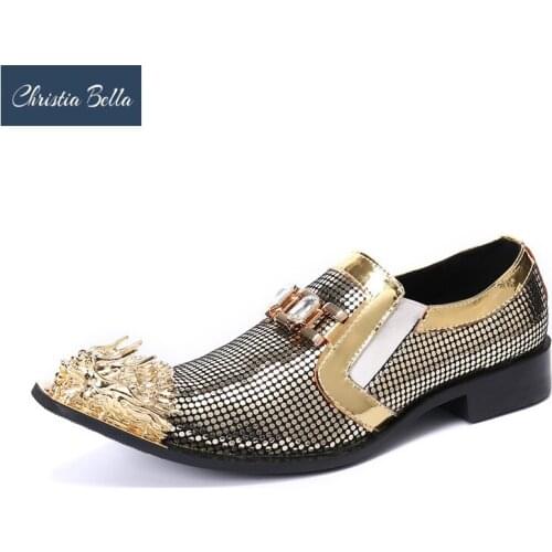Christia Bella Luxury Gold Sequin Men Dress Shoes Big Size Genuine Leather Formal Shoes Male Wedding Prom Brogue Shoes Footwear