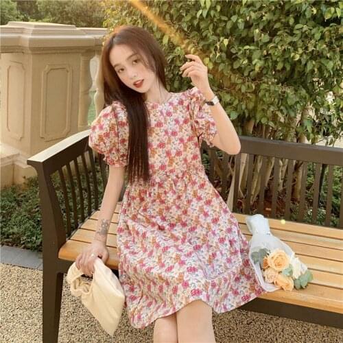 Floral Round Neck Short-sleeved Dress Womens Summer Dress New Korean Version of The High-waisted Thin A-line Skirt Trend