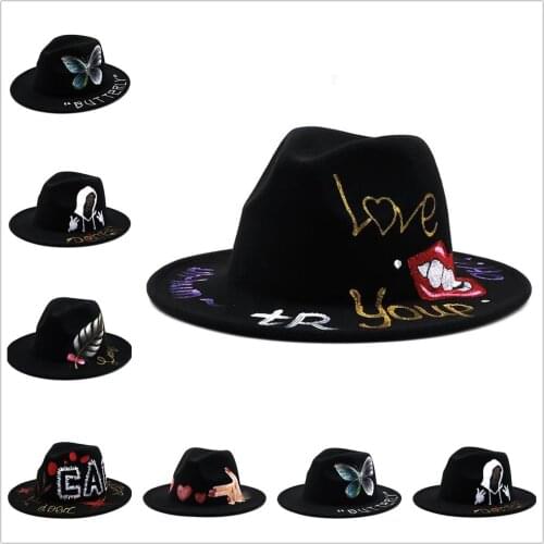 New Fashion DIY Painting Wool Felt Fedora Hats Women Men Party Trilby Jazz Church Hat Handmade Wide Brim Panama Caps 2021