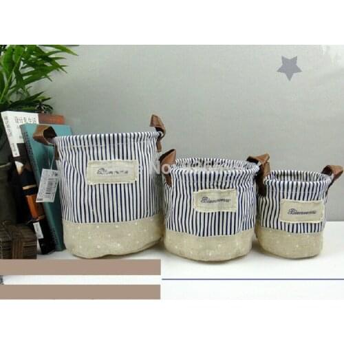 Organizer bucket waterproof navy stripe sundries storage barrel stationary holder S M L mixed cotton and linen foldable