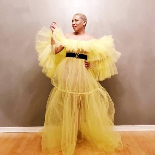 Yellow Aso Ebi South African Evening Dresses A-line Off The Shoulder Tulle Nigeria Saudi Arabic Evening Gown Prom Dress