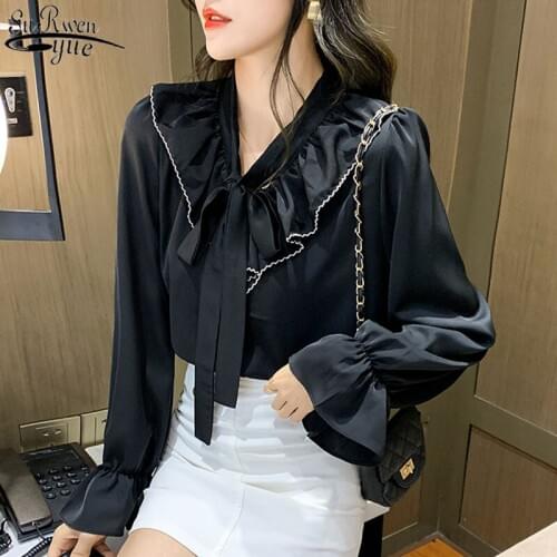 2021 Korean Autumn V-neck Long Sleeve Womens Black Chiffon Blouse Vintage Ruffles Bow Collar Fashion Women Shirts Blusas 11988