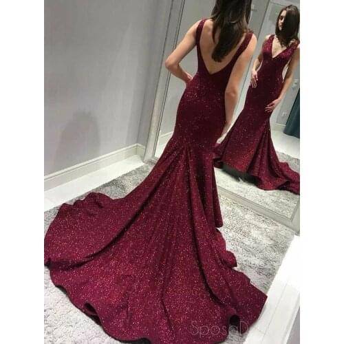 Elegant Long Glitter V-Neck Burgundy Prom Dresses with Train Robe De Soiree Mermaid Sexy Back Formal Party Dresses for Women
