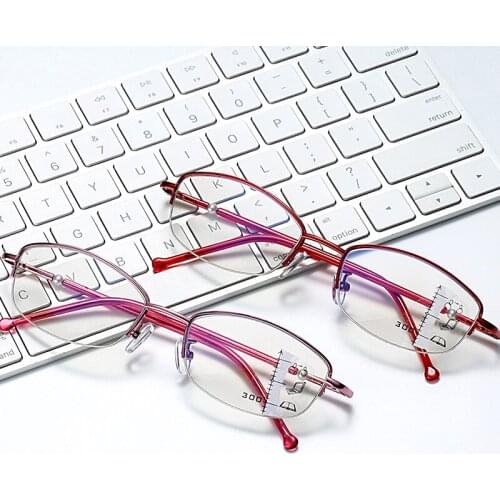 2021 Progressive Multifocal Reading Glasses Women Anti-Blue Light Presbyopia Glasses Lightweight Metal Half Rim winered/pink