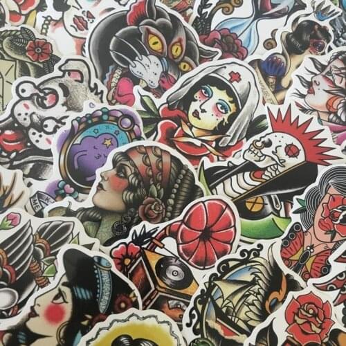 50pcs/lot Black&white Old School Tattoo Stickers For Laptop Suitcase Skateboard Little Vintage Style Waterproof Stickers