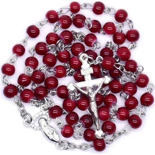 6mm Rosary Glass Beads Jesus Cross Pendant Necklace Charm Chain Jewelry Christ U2JC