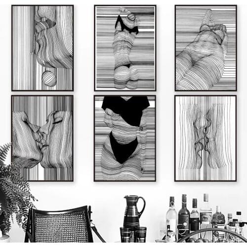 Abstract Posters and Prints Black and White Canvas Wall Art Sketch Line Draw Waves Painting Modern Fashion Home Room Decor