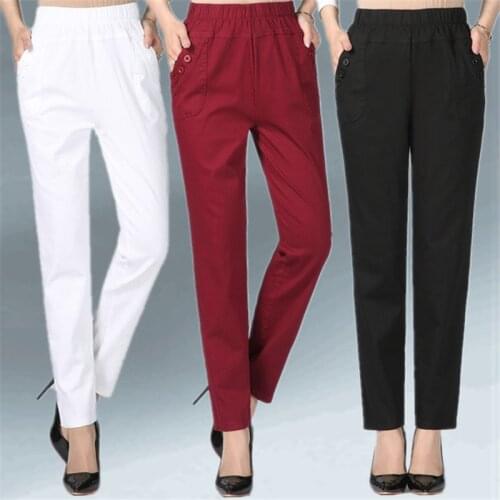 Middle-aged and older Women Elastic waist Pants Plus size Women Loose Trousers Solid Casual With pocket Cotton Trousers 5XL