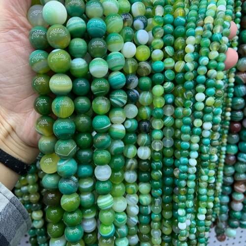 6-12mm Natural Green Banded Agates Beads Round Strip DIY Loose Stone Beads For Jewelry Making Beads Accessories For Women Gift