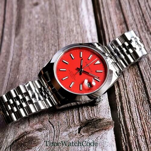 Parnis 39.5mm Mens Watch MIYOTA8215 Automatic Movement Date Red Dial Sapphire Glass Jubilee Bracelet Polished Bezel Luminous
