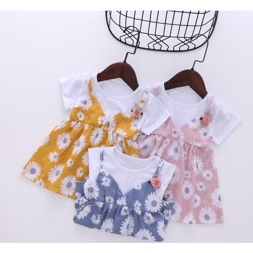 Childrens Clothing Girls New Dress Summer Korean Version Fake Two-piece Girls Short-sleeved Sling Baby Dress For Sale Promotion